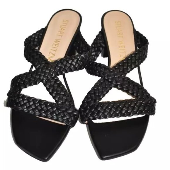 $450 STUART WEITZMAN ROSIE 50 WOVEN BRAIDED SLIDE SANDAL BLACK LEATHER 7 (DB8) - Picture 3 of 7